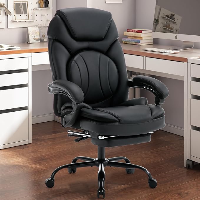 Comfortable Office Chair with Lumbar Support, PU Leather Ergonomic Reclining Office Desk Chair Wide Seat Recliner Office Chair with Foot Leg Rest, Black