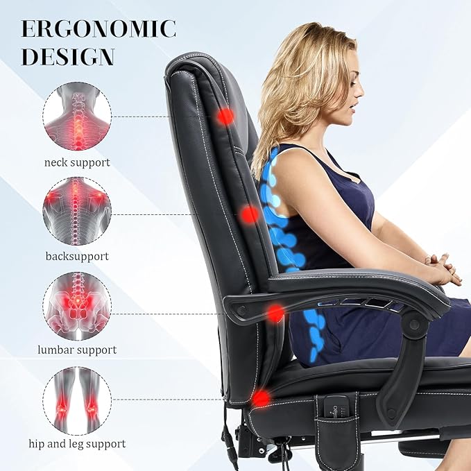 HOMREST Executive Office Chair with Heat and Massage, High-Back PU Leather Ergonomic Desk Chair with Retractable Footrest and Link Armrests, Reclining Computer Chair for Home Office (Black)