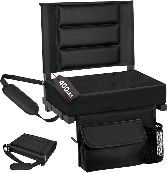 Stadium Seats with Back Support, Portable Bleacher Seat with Extra Thick Cushion, Folding Stadium Chair with Shoulder Strap, Removable Cushion and Storage Pocket for Sports Events