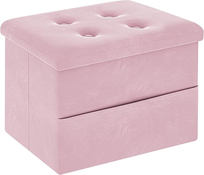 ZOES HOMEWARE Small Storage Ottoman Foot Rest, Velvet Ottoman with Storage and Side Pocket, Pink Foot Rest for Couch, Foldable Footstool Ottoman for Chair,Living Room&Dorm, 16"x12"x12" Pink