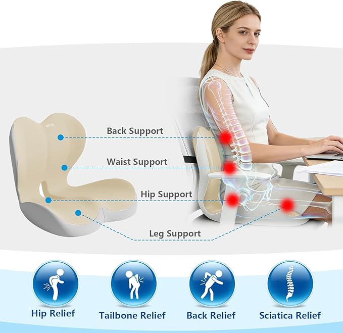 Orthopedic Memory Foam Seat Cushion with Adjustable Strap, Coccyx & Sciatica Pain Relief, Washable Non-Slip for Long Sitting, Ergonomic Posture Support for Office Chair, Car & Wheelchair (Beige Grey)