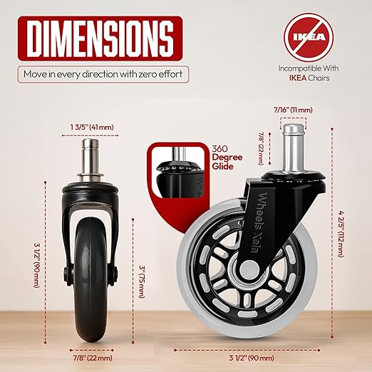 Wheels Xela Office Chair Wheels, Set of 10, 3 Inch Heavy-Duty Replacement Rubber Wheels for Desk & Gaming Chair are Easy to Install & Suitable for All Floor Types