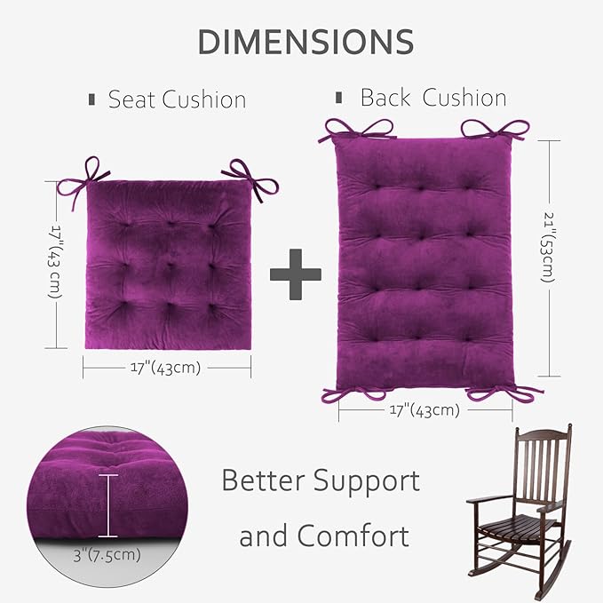 ELFJOY Rocking Chair Cushion Large Rocking Chair Pads with Ties Premium Tufted High Back and Seat Cushion 2 Piece Set Purple