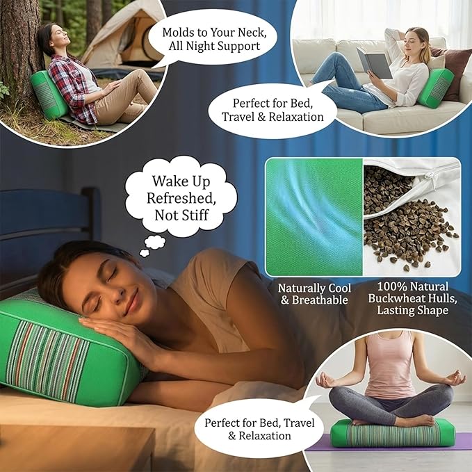 Adjustable Buckwheat Hull Pillow for Neck Pain Relief (21x8x4) Natural Cooling Cervical Support Camping Pillow for Side & Back Sleepers with Night Sweats (Green)