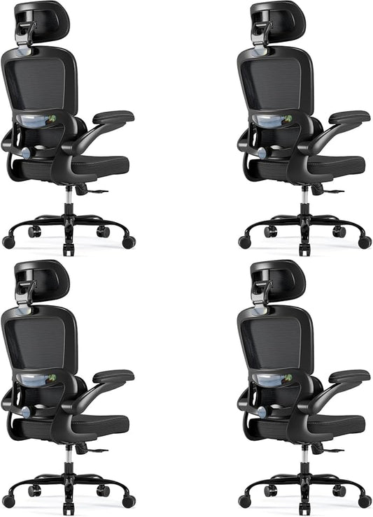 TRALT Ergonomic Office Chair - Desk Chair with Adjustable Headrest Lumbar Support Computer Chair - Mesh Comfy Chair with Flip-up Armrests - Gaming Chair for Adults Home Office PU, Black, Pack of 4