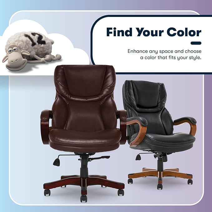 Serta Conway Big & Tall Executive Office Chair, Ergonomic High-Back with Adjustable Lumbar, Semi Plush Cushion and Body Pillows, Padded Armrests, Wooden Swivel Base, Bonded Leather, Chestnut Brown