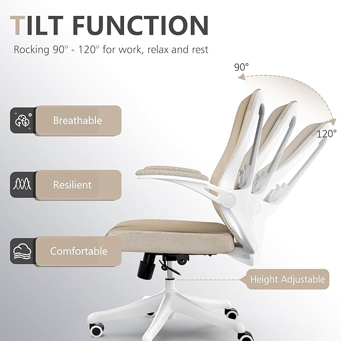 350 LBS Ergonomic Office Computer Mesh Chair - Adjustable Height Rolling Desk Chair with Flip-Up Armrests & High Back Support - Comfortable Swivel Task Chair for Home Office (02KHAKI)