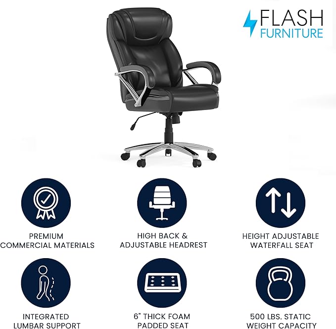 Flash Furniture HERCULES Series Big & Tall 500 lb. Rated Black LeatherSoft Executive Swivel Ergonomic Office Chair with Extra Wide Seat