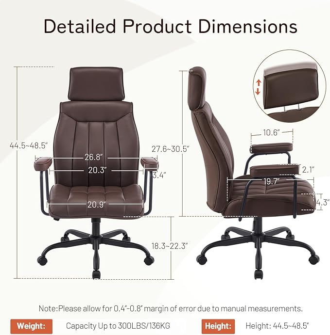 Furniliving Leather Office Chair with Adjustable Headrest, Mid-Century Modern High-Back Office Desk Chair, Ergonomic Computer Chair with Wheels, Armrests, Lumbar Support, Dark Brown
