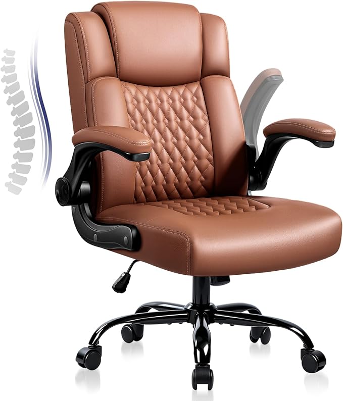 OFIKA Leather Office Desk Chair,Ergonomic Office Chair with Lumbar Support,Computer Chair,Executive Leather Chair with Padded Flip-up Arm,Adjustable Armrests, Brown,275LBS
