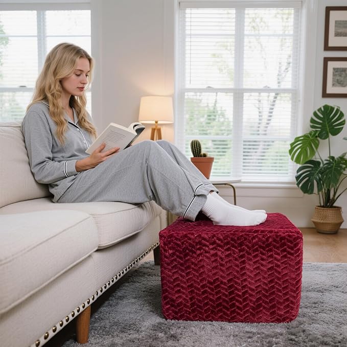 Furry Square Pouf Ottoman – 20"x14" One-Piece Seamless Integral Foam Foot Stool Ottoman Foot Rest Living Room Bedroom Under Desk (Redwine)