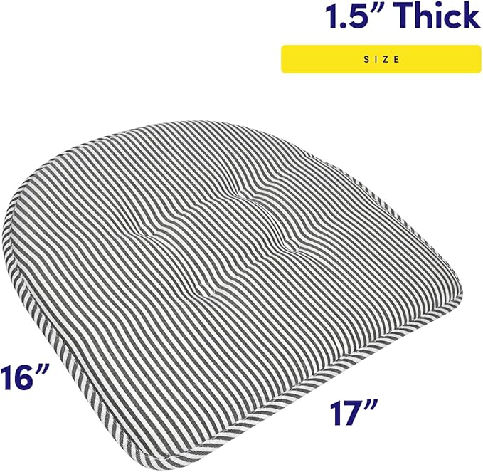 Sweet Home Collection Chair Cushion Memory Foam Pads Tufted Slip Non Skid Rubber Back U-Shaped 17" x 16" Seat Cover, 2 Count (Pack of 1), Pinstripe Charcoal