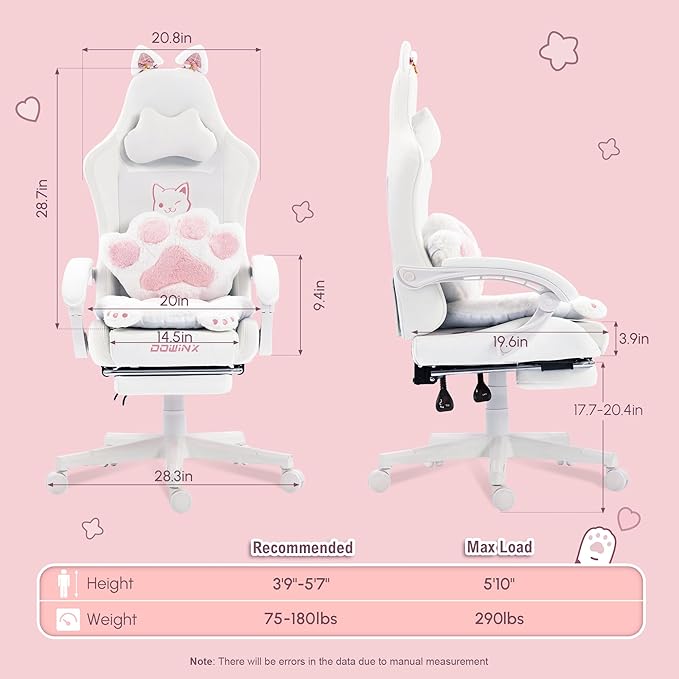 Dowinx Gaming Chair Cute with Cat Ears and Paw Lumbar, Ergonomic Computer Chair for Girl with Footrest and Headrest, Comfortable Reclining Game Chair 290lbs for Adult, Teen, White