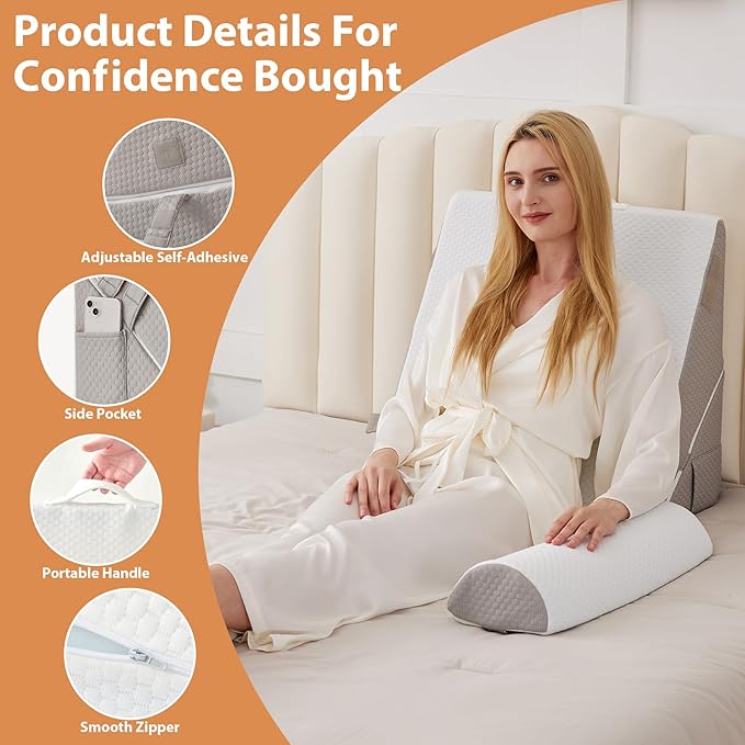BIEEZZK 4PCS Wedge Pillow Set for After Surgery, Back Pillow for Bed Sitting up, 9&12inch Adjustable Memory Foam Bed Wedges, Pillow Wedge for Acid Reflux, Back Pain Relief, Snoring, White/Grey