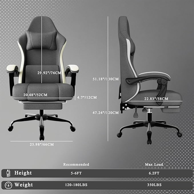 Gaming Chair, High Back Fabric Computer Chair with Pocketed Spring Cushion and Footrest, Height Adjustable Game Chair with Headrest and Lumbar Support (Beige & Gray)