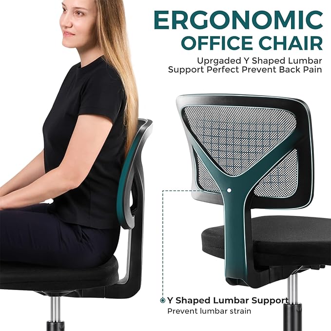 DUMOS Armless Desk Chairs Set of 2, Ergonomic Adjustable Home Office Swivel Rolling Task Chair No Arms, Comfy Mesh Mid Back Computer Work Vanity Desk Chiars with Wheels for Small Spaces, Black