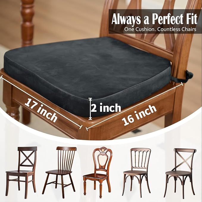 2'' Thick High-Density Foam Indoor Chair Cushions | Dining Chair Pads with Ties, Removable Washable Cover, Kitchen Chair Cushions 17"x16", Charcoal Gray 6 Pack