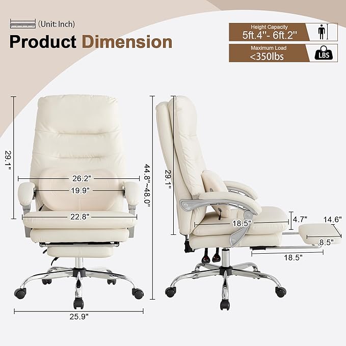 Kneading Massage Executive Office Chair with Heated,90-135° Reclining Chair with Footrest, Ergonomic Desk Chairs (Creamy White with External Massager)