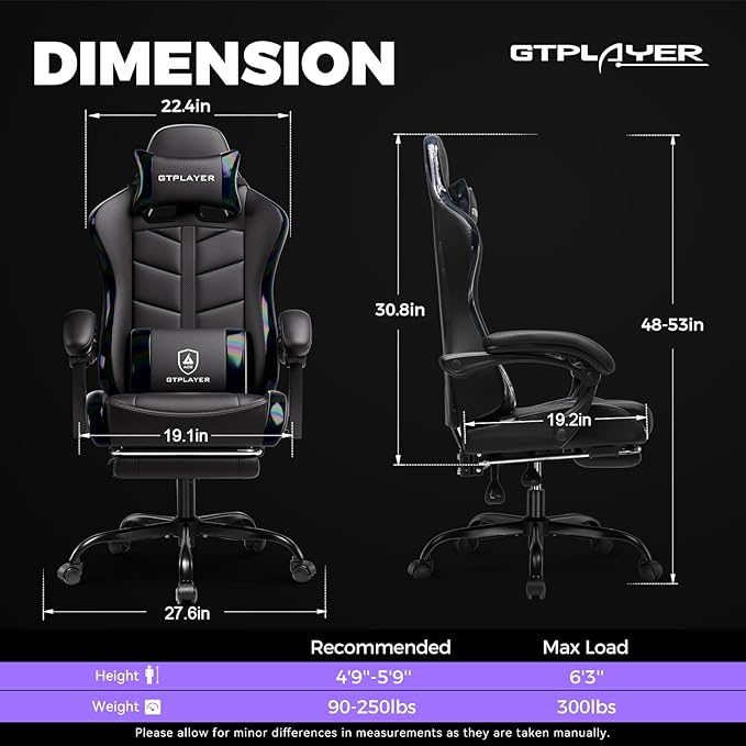 GTPLAYER Gaming Chair with Footrest, Computer Gaming Chair for Adults and Kids, Height Adjustable Gamer Chair with 90-155° Recline & Removable Headrest Lumbar Support,Colorful Black