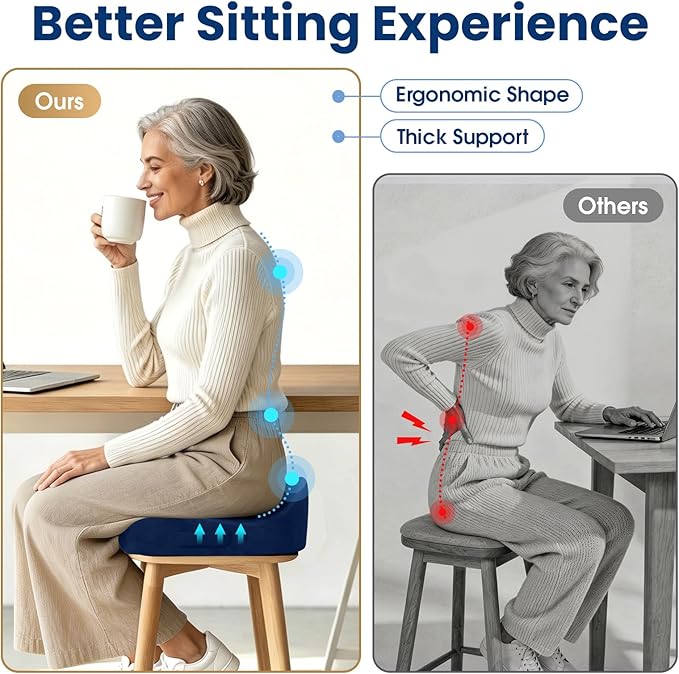 Seat Cushion,Thick Memory Foam Cushions for Office Chair, Car Seat, Airplane, Relieving Pressure Tailbone Sciatica Back Pain for Long Sitting Office Workers, Car Drivers Blue
