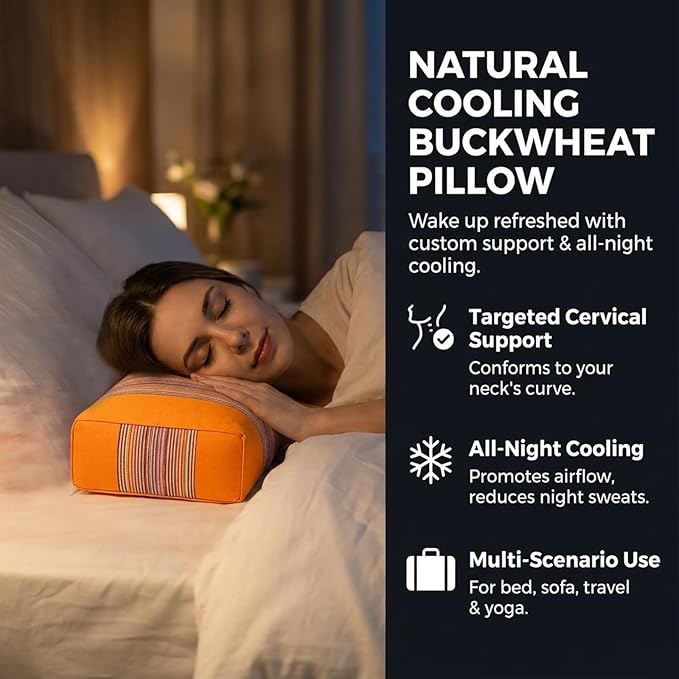 Adjustable Buckwheat Hull Pillow for Neck Pain Relief (21x8x4in) Natural Cooling Cervical Support Bed Pillow for Side & Back Sleepers with Night Sweats (Orange)