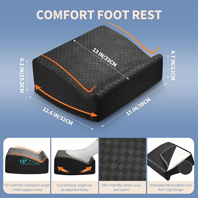 Ergonomic Foot Rest for Under Desk at Work – 15° Tilt Angle Under Desk Footrest with High-Resilience Foam, Velvet Top & Non-Slip Base, Comfortable Foot Stool for Office Chair and Home, Black