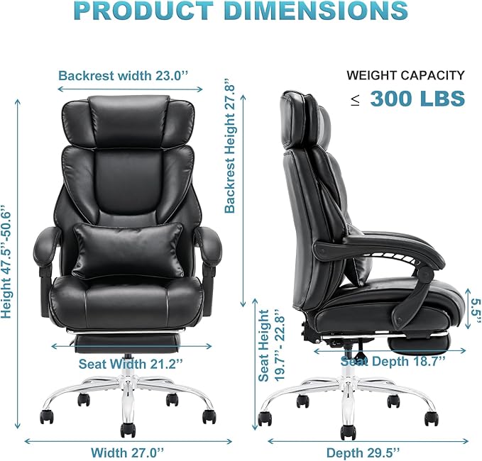 COLAMY Office Chair with Retractable Footrest, Ergonomic High Back Design Executive Computer Desk Chair with Removable Lumbar Pillow, 90-135°Reclining, Thick Bonded Leather for Home Office Work, Black