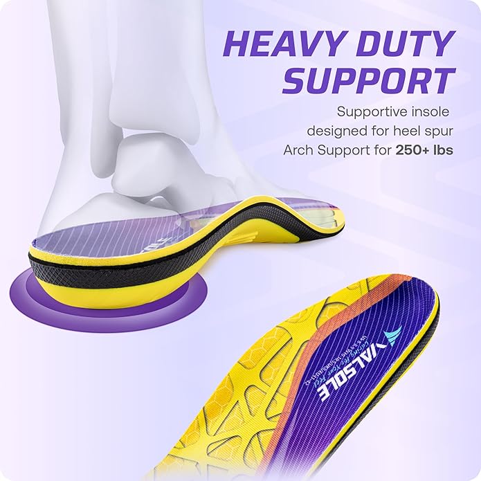 VALSOLE Heavy Duty Support Pain Relief Orthotics - 220+ lbs Plantar Fasciitis High Arch Support Insoles for Men Women, Flat Feet Orthotic Insert, Work Boot Shoe Insole, Absorb Shock with Every Step
