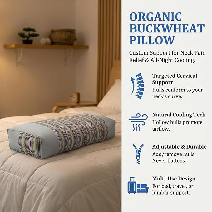 Adjustable Buckwheat Hull Pillow for Neck Pain Relief (21x8x4in) Natural Cooling Cervical Support Organic Pillow for Side & Back Sleepers with Night Sweats (Grey)