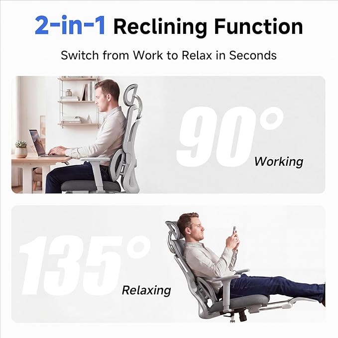 Ergonomic Office Chair with Footrest, 4D Armrests & Dynamic Lumbar Support, High Back Mesh Desk Chair with Adjustable Headrest, Reclining Computer Chair 380lbs for Long Hours (Grey)