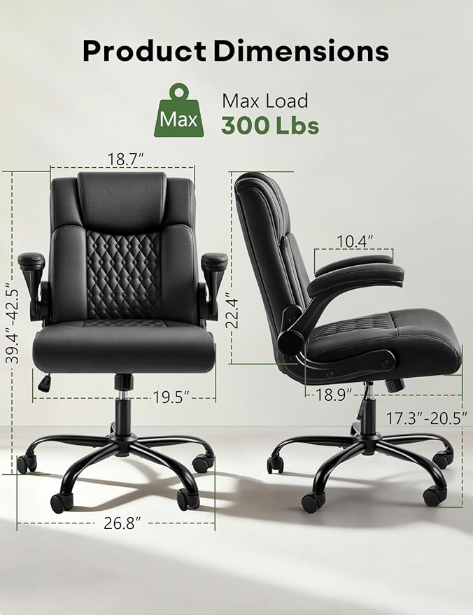 Executive Office Chair, Ergonomic Home Office Desk Chair with Lumbar Support & Flip-up Armrest, PU Leather Computer Seating for Shorter Users, Black