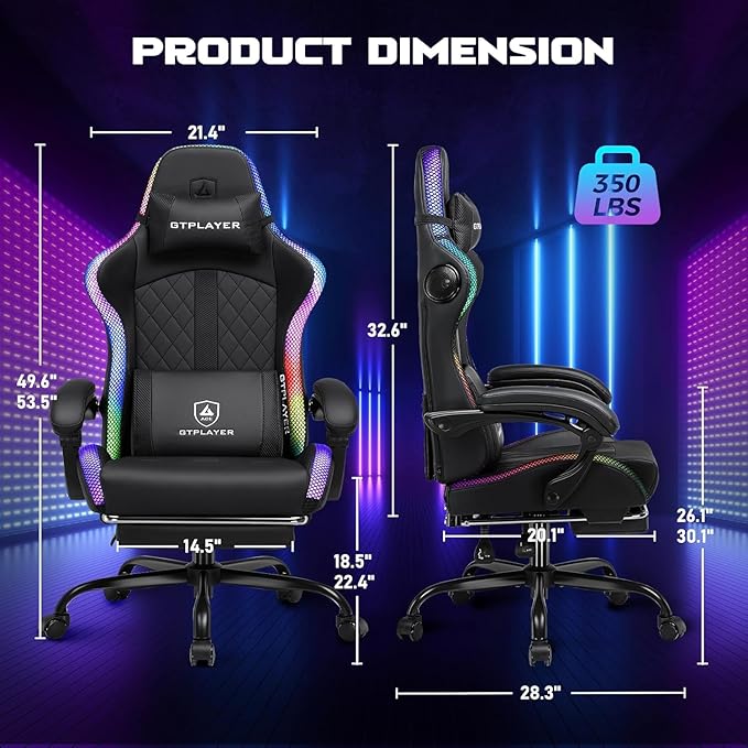 GTPLAYER RGB Gaming Chair with Speakers - LED Computer Game Chair for Adults, PC Home Office Chairs with Footrest & Lights, Reclining Desk Chairs, Dark Black