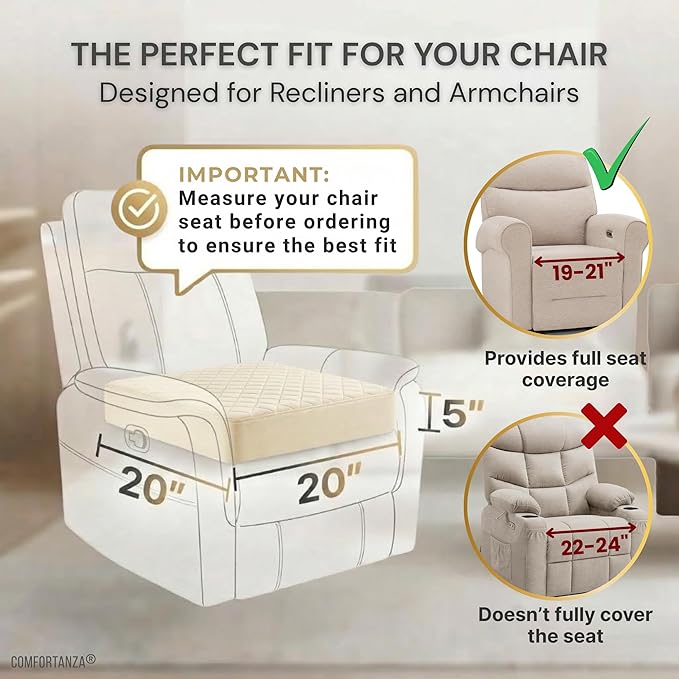 Medium-Soft 20x20x5 Memory Foam Recliner Chair Seat Cushion for Long Sitting - Armchair Pad with Washable Velvety Cover with Waterproof Layer & Non-Slip Base for Seniors & Elderly - Cream