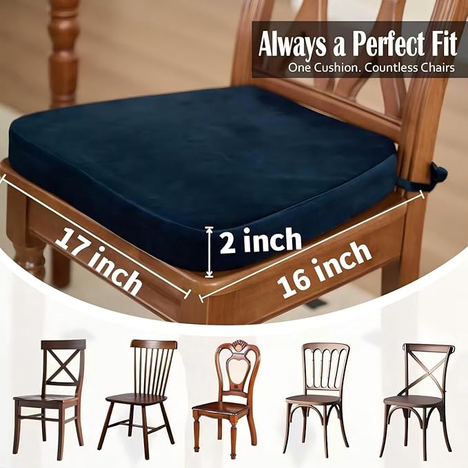 2'' Thick High-Density Foam Indoor Chair Cushions | Dining Chair Pads with Ties, Removable Washable Cover, Kitchen Chair Cushions 17"x16",Navy Blue 2 Pack