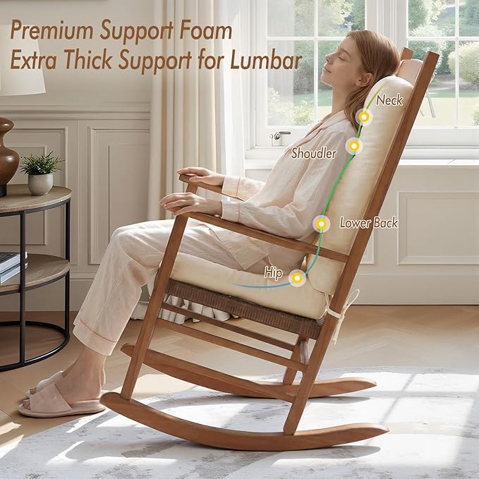 Rocking Chair Cushion, Set of 2, with Thicken Seat & Lumbar Support Back Cushion, Ergonomic Chair Cushion Non-Slip Bottom with Ties for Indoor/Outdoor Rocker, Office Chair, 22X17 Inch, Cream Color