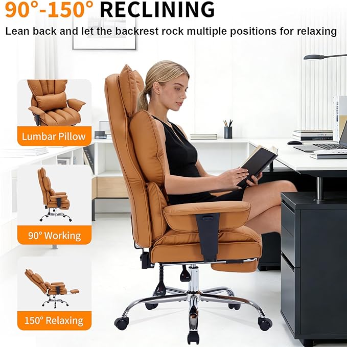 Garvee Big and Tall Office Chair, Executive Leather Office Chair with Footrest, 400lbs Ergonomic Gaming Chair for Adults, Wide Seat Computer Desk Chair with Lumbar Support, 150 Degree Reclining, Brown