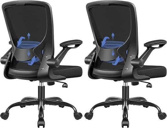 BESTFAIR Ergonomic Office Chair, Mesh Computer Desk Chairs with Lumbar Support, Swivel Desk Chair with Flip-up Arms and Adjustable Height, Black, 2-Pack