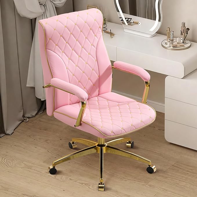 Furniliving Pink and Gold Office Chair, Leather Office Chairs, Adjustable Vanity Chair with Golden Legs and Padded Armrest, Modern Upholstered Computer Chair with Wheels,Pink