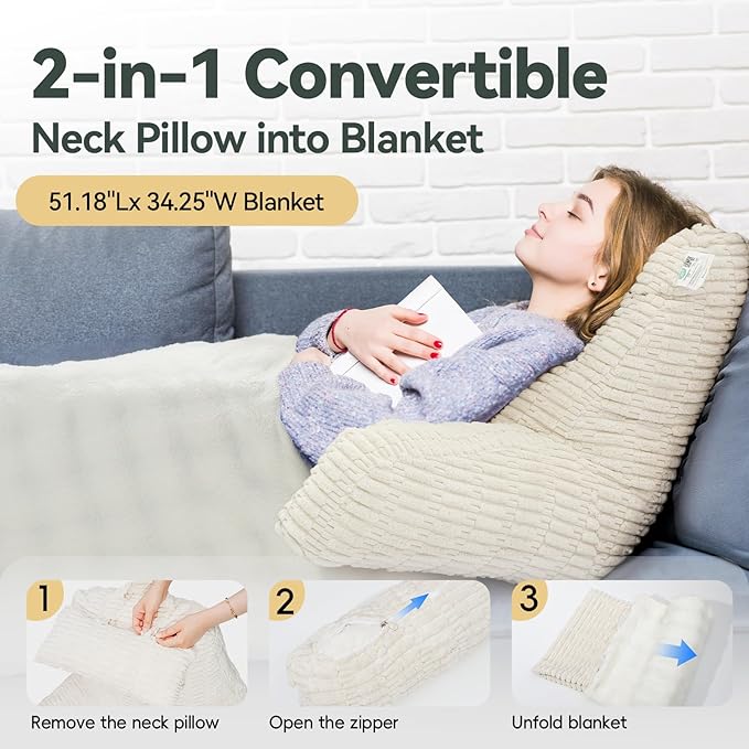 24" Large Reading Pillow with Detachable Neck Roll for Sitting in Bed Adult, Back Pillow with Blanket for Couch Bed Rest, Reading, Watching TV, Gaming
