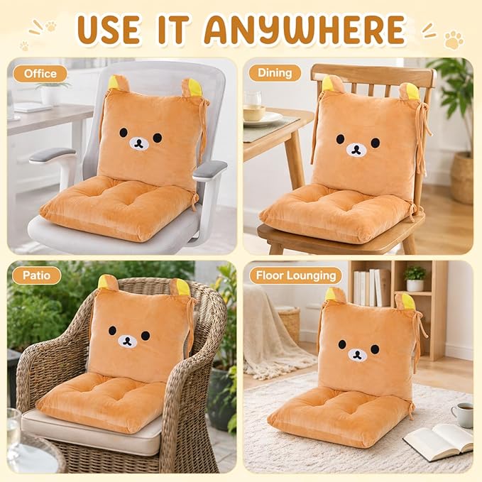 ChezMax Chair Cushion Plush Seat Cushion Back Cushion with Ties Thickened Desk Chair Pads Cartoon Waist Pillow Cushion Decor for Chair Car Office Patio Wheelchair Cartoon Bear