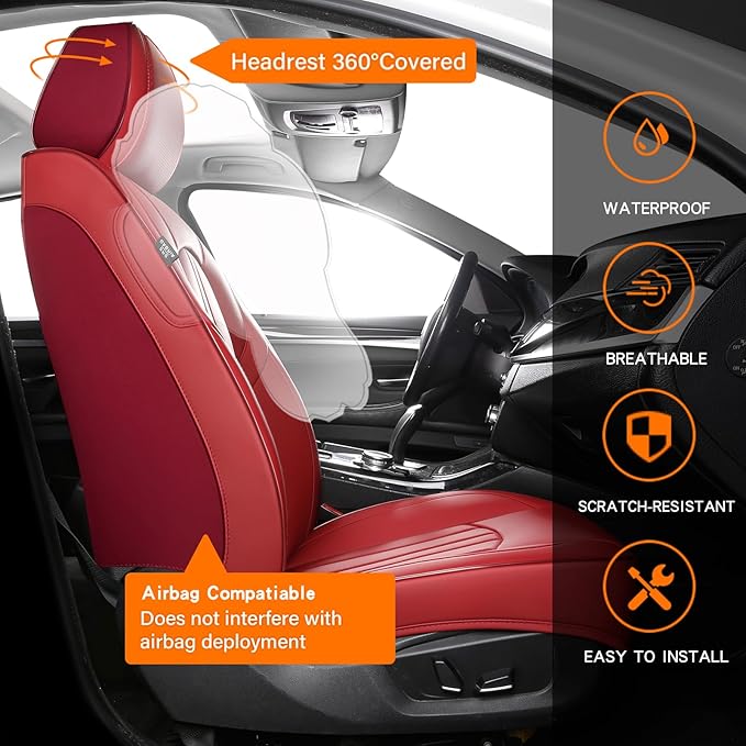 MINGBRON Red Car Seat Covers,Leather Car Seat Cover, Waterproof Seat Covers Full Set