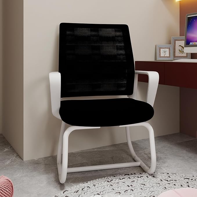 Minimalist Modern Office Chair with Metal Frame – Breathable Mesh Backrest, Ergonomic Support, Comfortable Seat Cushion for Home & Office Use (White+Black)