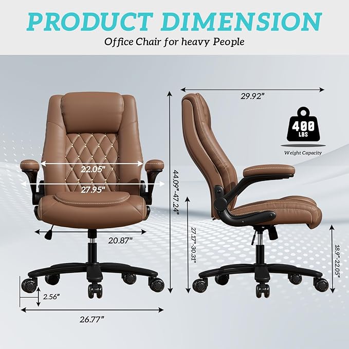 GYI Office Chair, Ergonomic Computer Desk Chair, Leather Executive Office Chair with High Back, Lumbar Support, Flip-up Arms, Wide and Thick Padded Seat, Heavy Duty Base, Rubber Wheels, Brown