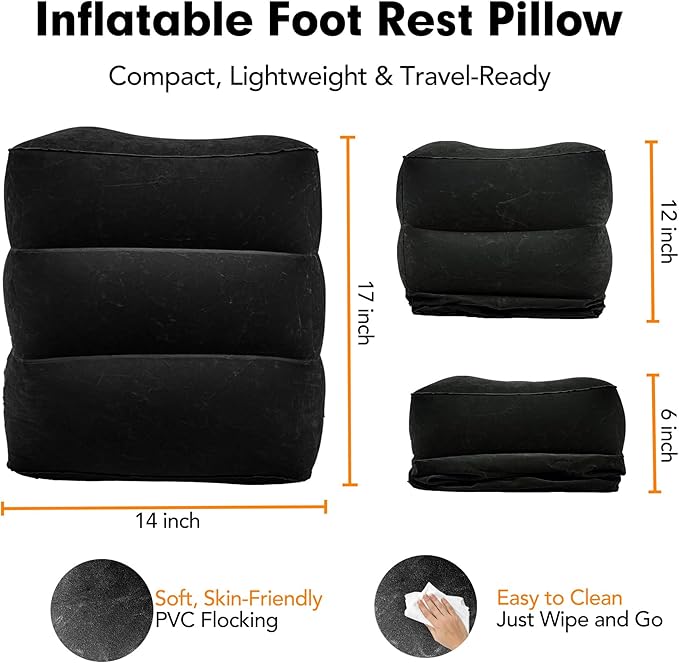 Inflatable Foot Rest Pillow for Travel, Adjustable Height Cushion Kids/Adults Airplane Travel Pillow, Suitable for Trains, Cars, Office, Home Comfort - Black