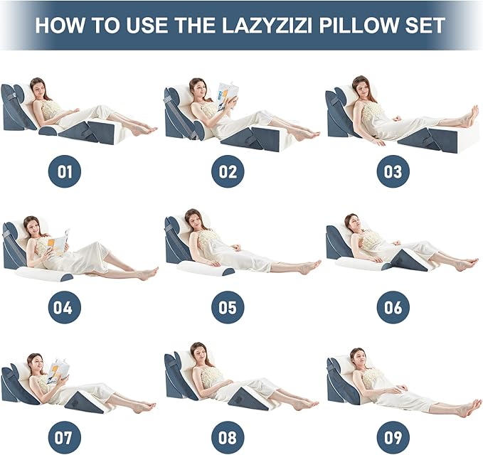 Lazyzizi 6pcs Orthopedic Bed Wedge Pillow Set, Memory Foam Wedge Pillow for Sleeping, Knee, Lumbar and Back Pain Relief Adjustable Bed Pillow - Acid Reflux, Anti Snoring & GERD Sleeping, Grey