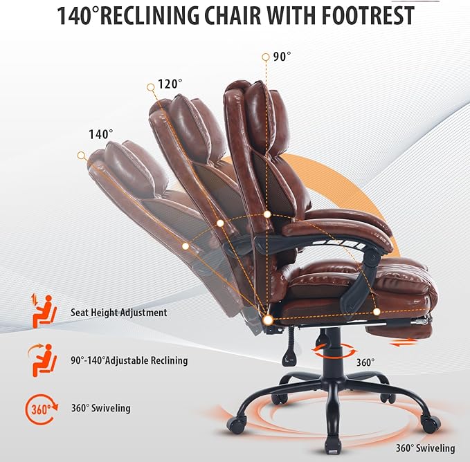 Big Tall Reclining Executive Office Chair with Footrest, 400lbs Ergonomic Recliner Desk Chairs with Lumbar Support, Heavy Duty High Back Vintage Leather Computer Chair with Wheels, Brown