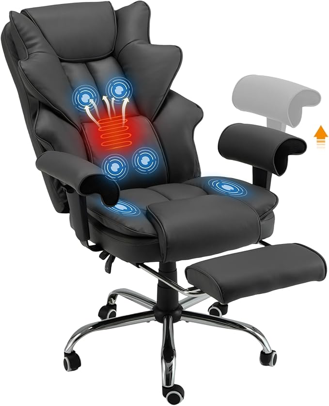 HOMREST Ergonomic Executive Office Chair with 6-Point Vibration & Heat - Reclining Managerial Chair with Adjustable Footrest and Armrests,Big and Tall Leather Home Office Desk Chairs(Black)