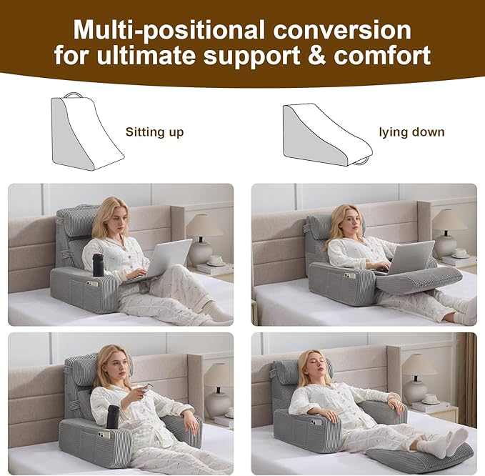 Reading Pillow for Sitting in Bed Adult, Back Pillow for Bed Sitting up with Arms, Pockets and Cup Holder, Sit Up Backrest Pillows for Beds Chair Support, Rest Pillow for Gaming