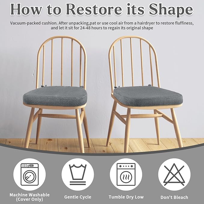 Dark Grey Chair Cushions with Ties Removable Covers, D Shape Foam Dining Kitchen Chair Seat Pads Non Slip 17"x16" Set of 4