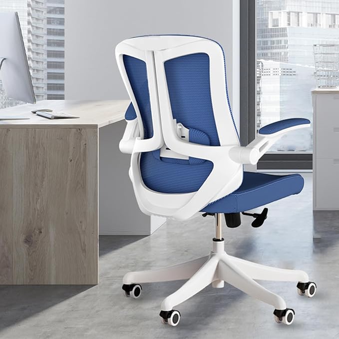350 LBS Ergonomic Office Computer Mesh Chair - Adjustable Height Rolling Desk Chair with Flip-Up Armrests & High Back Support - Comfortable Swivel Task Chair for Home Office (02BLUE)
